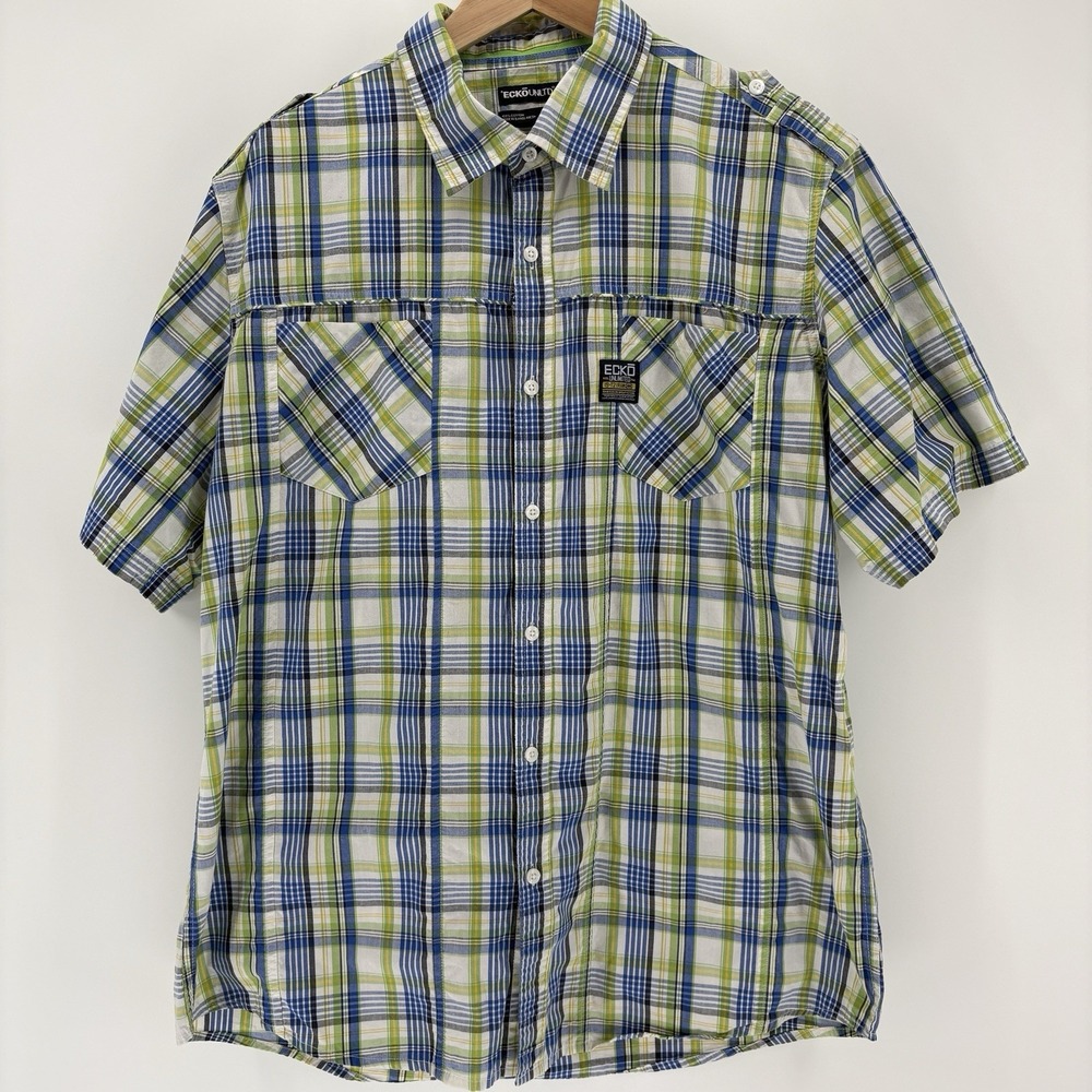 Ecko Unltd Urban Multicolor Plaid Button Rhino Y2K Street Wear Shirt Sz XL